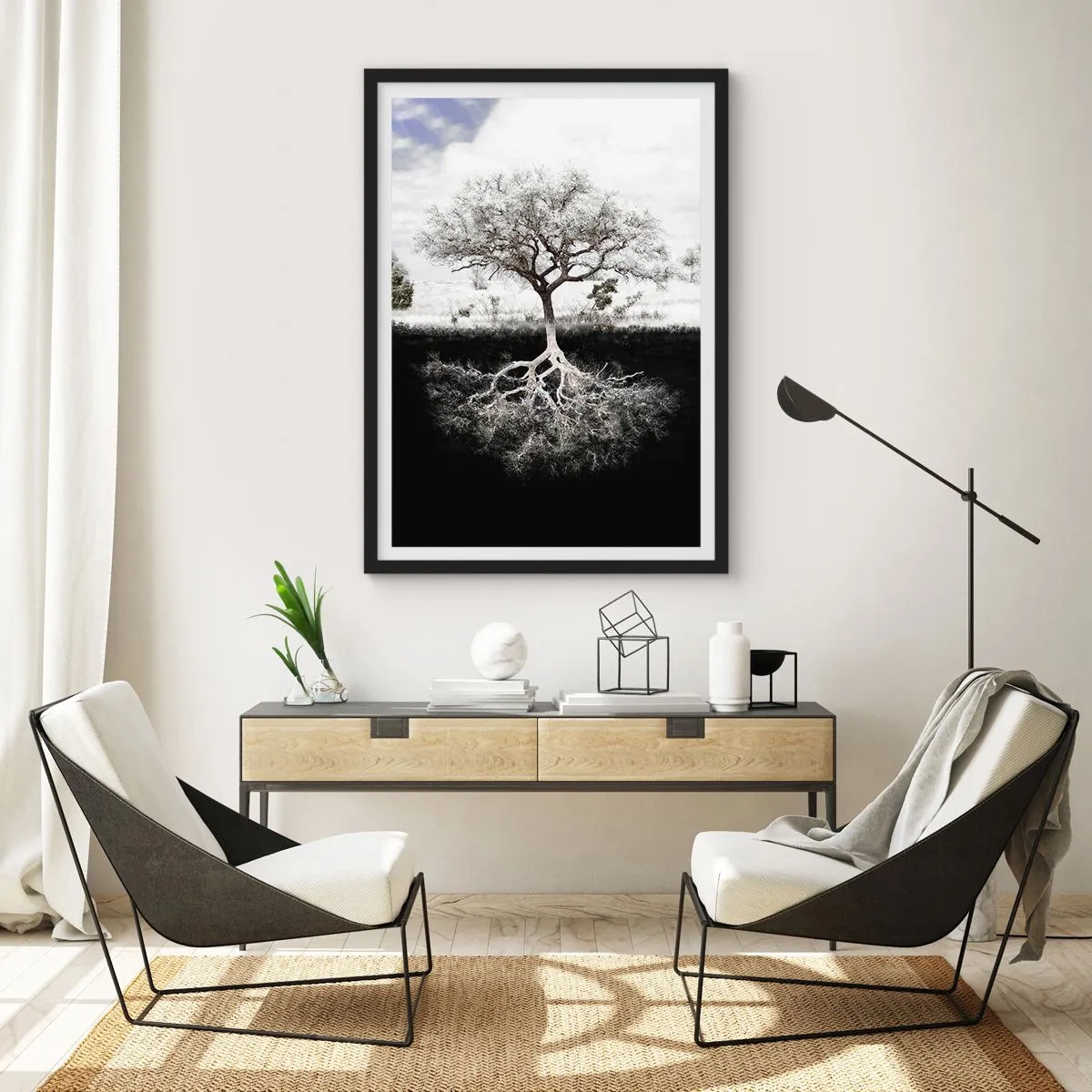 Poster in een zwarte lijst - Een minimalistische boom met een zichtbaar wortelstelsel - 50x70cm - De natuur van de wereld ontdekken - Moderne wanddecoratie voor woonkamer en slaapkamer ARTTOR