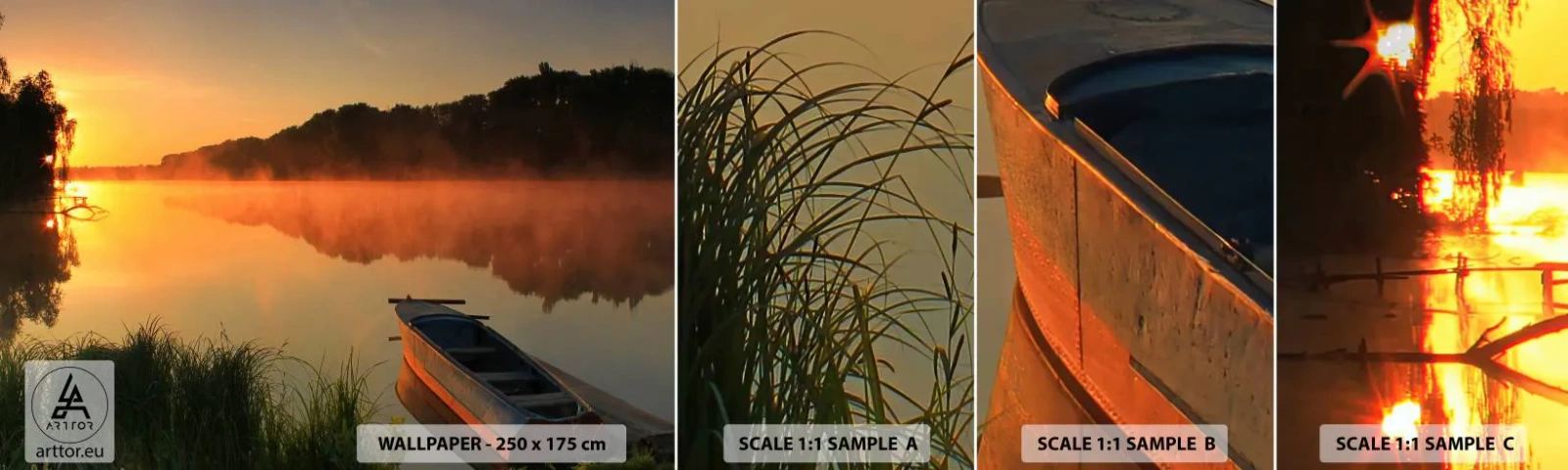 Fotobehang Staaltje Standard Eco - Zonsopgang boven het water als een spiegel - Landschap, Meer, Ochtend - 100x30 cm
