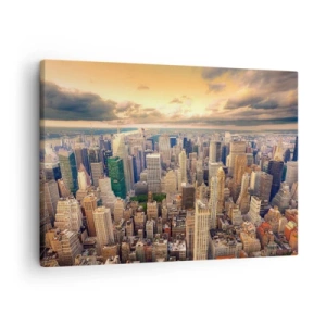 Schilderen op canvas - Stadspanorama met uitzicht op wolkenkrabbers bij zonsondergang - 70x50cm - Vergulde metropool - Moderne wanddecoratie voor woonkamer en slaapkamer ARTTOR