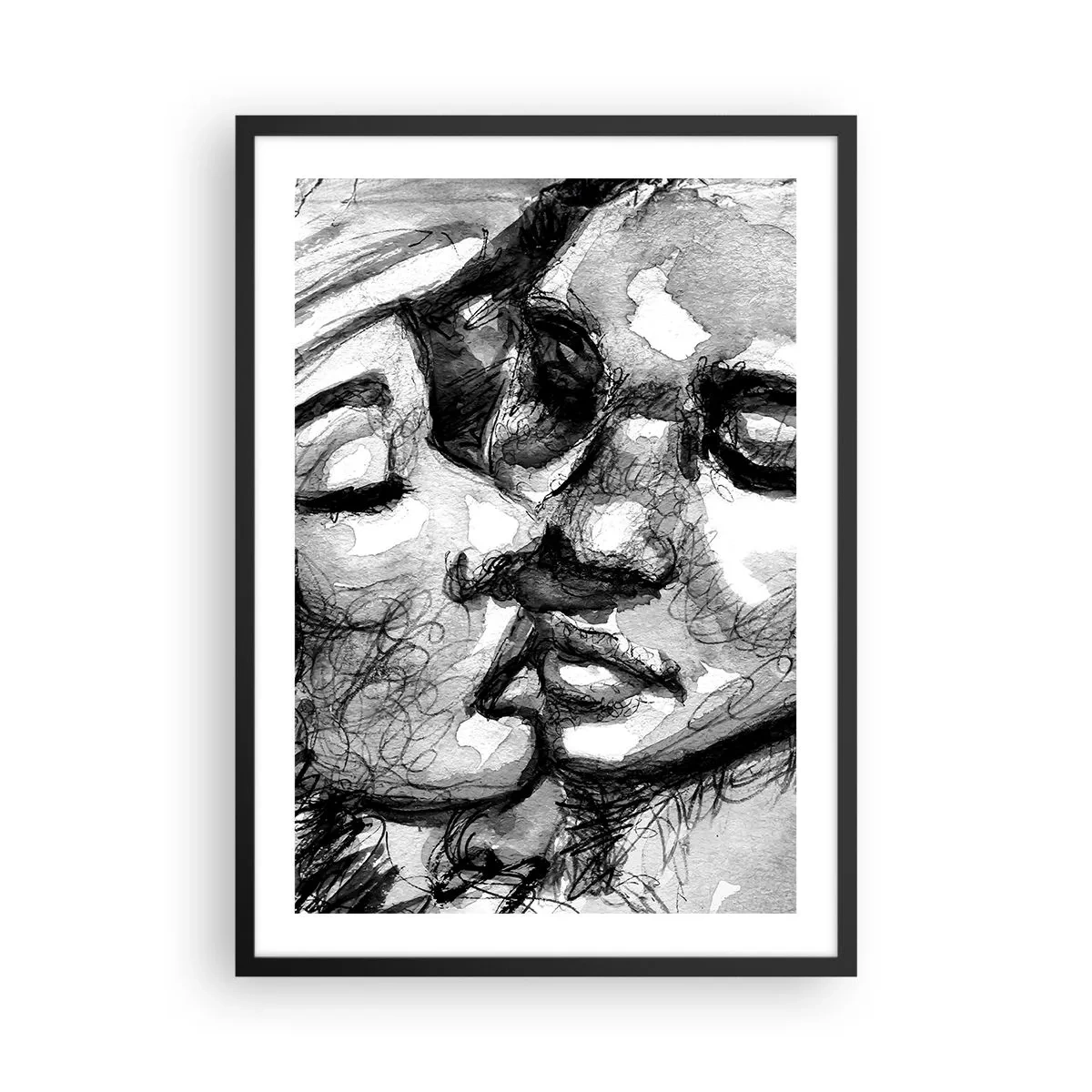 Poster in een zwarte lijst - Abstract zwart-wit portret van een kus - 50x70cm - Een teder moment - Moderne wanddecoratie voor woonkamer en slaapkamer ARTTOR