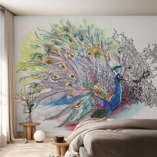 Fotobehang Premium Sand - Met trots tegen grijs - Vogel, Pauw, Veren - 100x70 cm