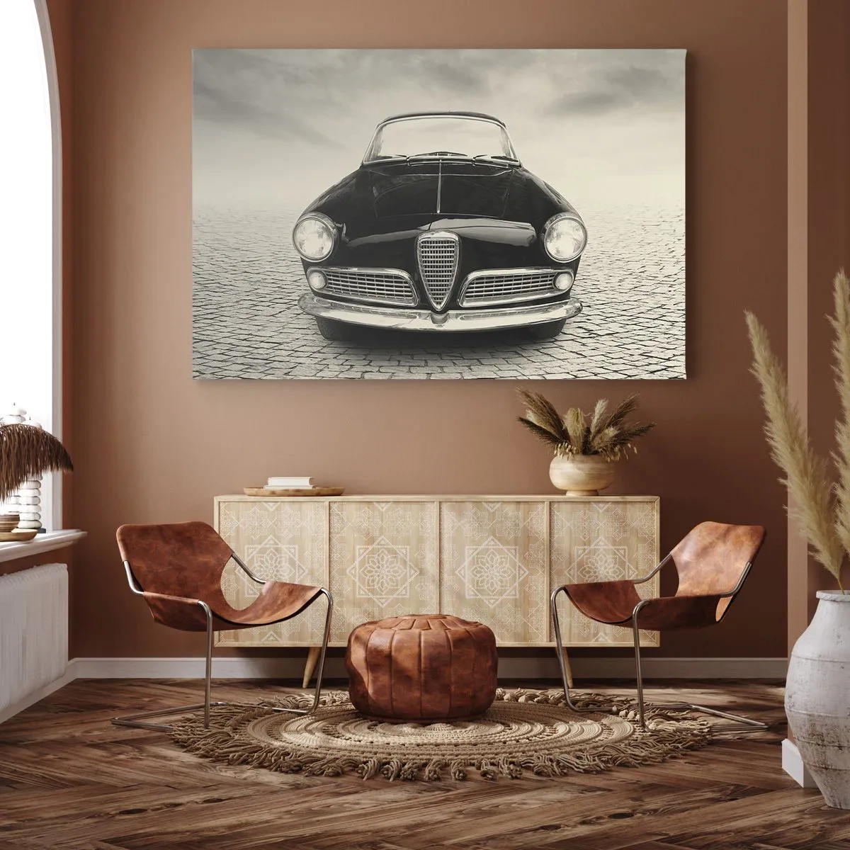 Schilderen op canvas - Een klassieke auto op een geplaveid plein in een monochrome stijl - 70x50cm - Je moet gewoon van me houden - Moderne wanddecoratie voor woonkamer en slaapkamer ARTTOR