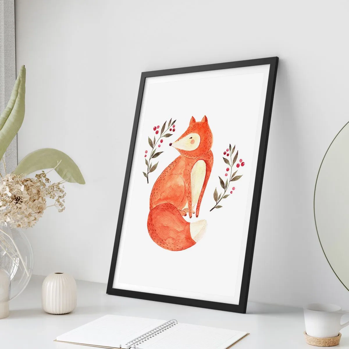 Poster in een zwarte lijst - Illustratie van een vos omringd door takken met rood fruit - 50x70cm - Kleine roodharige - Moderne wanddecoratie voor woonkamer en slaapkamer ARTTOR