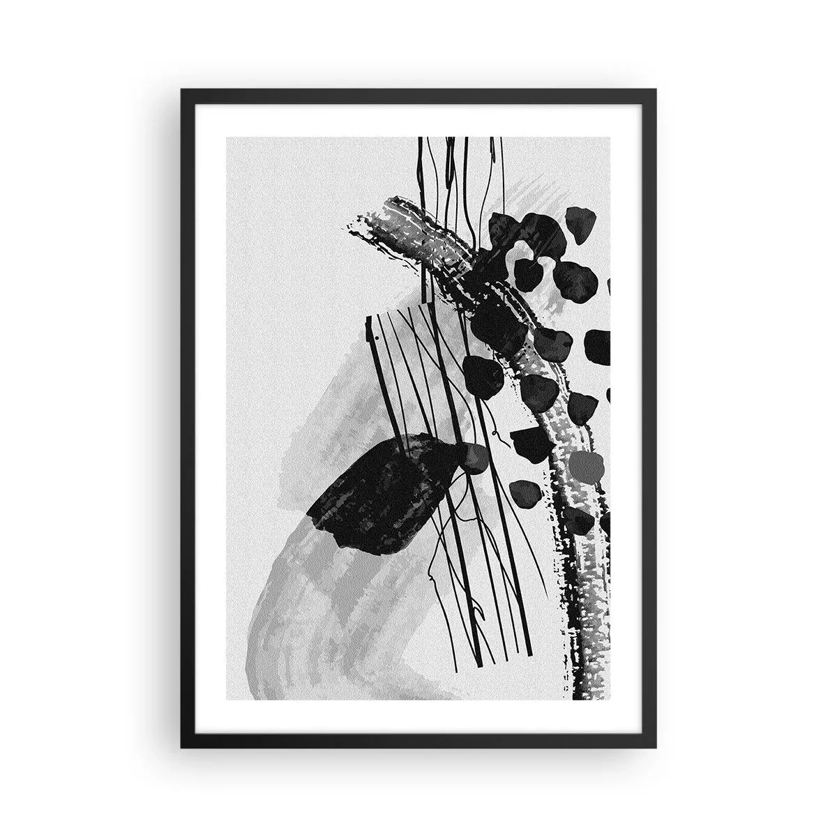 Poster in een zwarte lijst - Moderne abstractie in zwart-wit met dynamische lijnen - 50x70cm - Zwart-wit organische abstractie - Moderne wanddecoratie voor woonkamer en slaapkamer ARTTOR