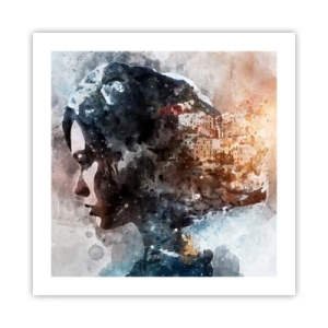 Poster - Een verhaal over een meisje met een stad op de achtergrond - 50x50 cm