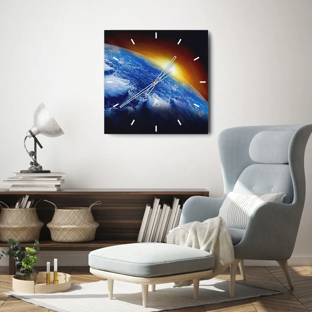 Wandklok - Klok - Zonsopgang boven de blauwe planeet - 40x40 cm