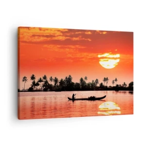 Schilderen op canvas - Tropische zonsondergang met een boot en palmbomen op de achtergrond - 70x50cm - De rust van de tropen bij zonsondergang - Moderne wanddecoratie voor woonkamer en slaapkamer ARTTOR