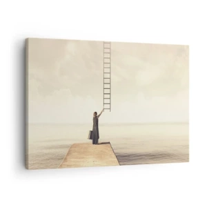 Schilderen op canvas - Een vrouw staat op een pier met een ladder die naar de lucht leidt - 70x50cm - Een magische reis - Moderne wanddecoratie voor woonkamer en slaapkamer ARTTOR