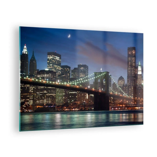 Schilderen op glas - Panorama van de stad met de brug verlicht door nachtverlichting - 70x50cm - Gloeiende nacht - Moderne wanddecoratie voor woonkamer en slaapkamer ARTTOR