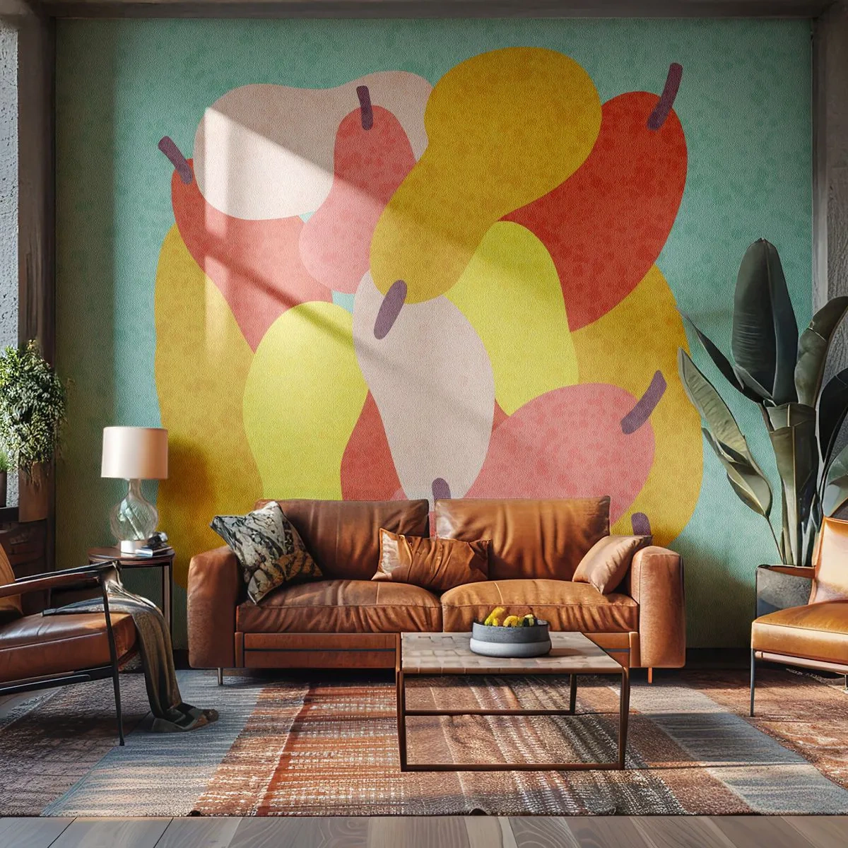 Fotobehang Standard Eco - Kleurrijke abstracte peren op een mintkleurige achtergrond - 100x70cm - Probeer de zomerzon - Moderne wanddecoratie voor woonkamer en slaapkamer ARTTOR