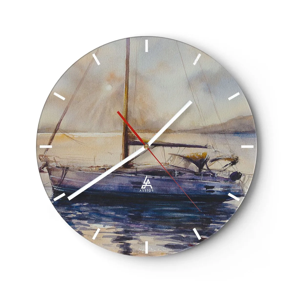 Wandklok - Klok - Een jacht op het water bij zonsondergang in aquarelstijl - 30x30cm - Avond aan de baai - Moderne wanddecoratie voor woonkamer, keuken en slaapkamer ARTTOR