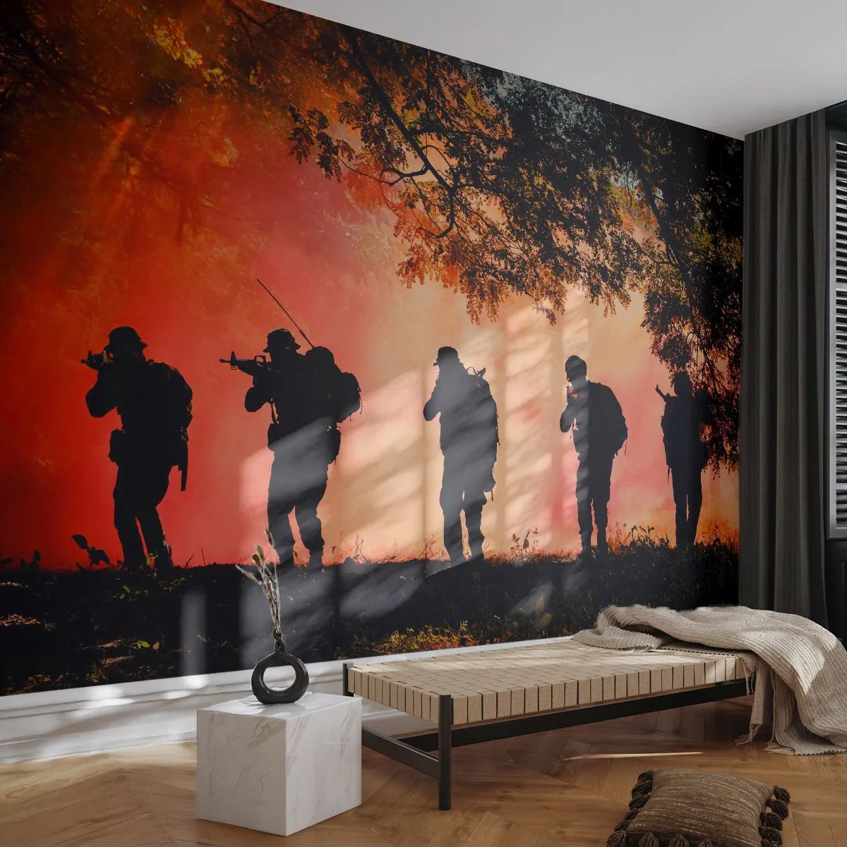 Fotobehang Standard Eco - Soldaten marcheren door het bos, onder rood licht en rook. - 100x70cm - … Allen voor een. - Moderne wanddecoratie voor woonkamer en slaapkamer ARTTOR