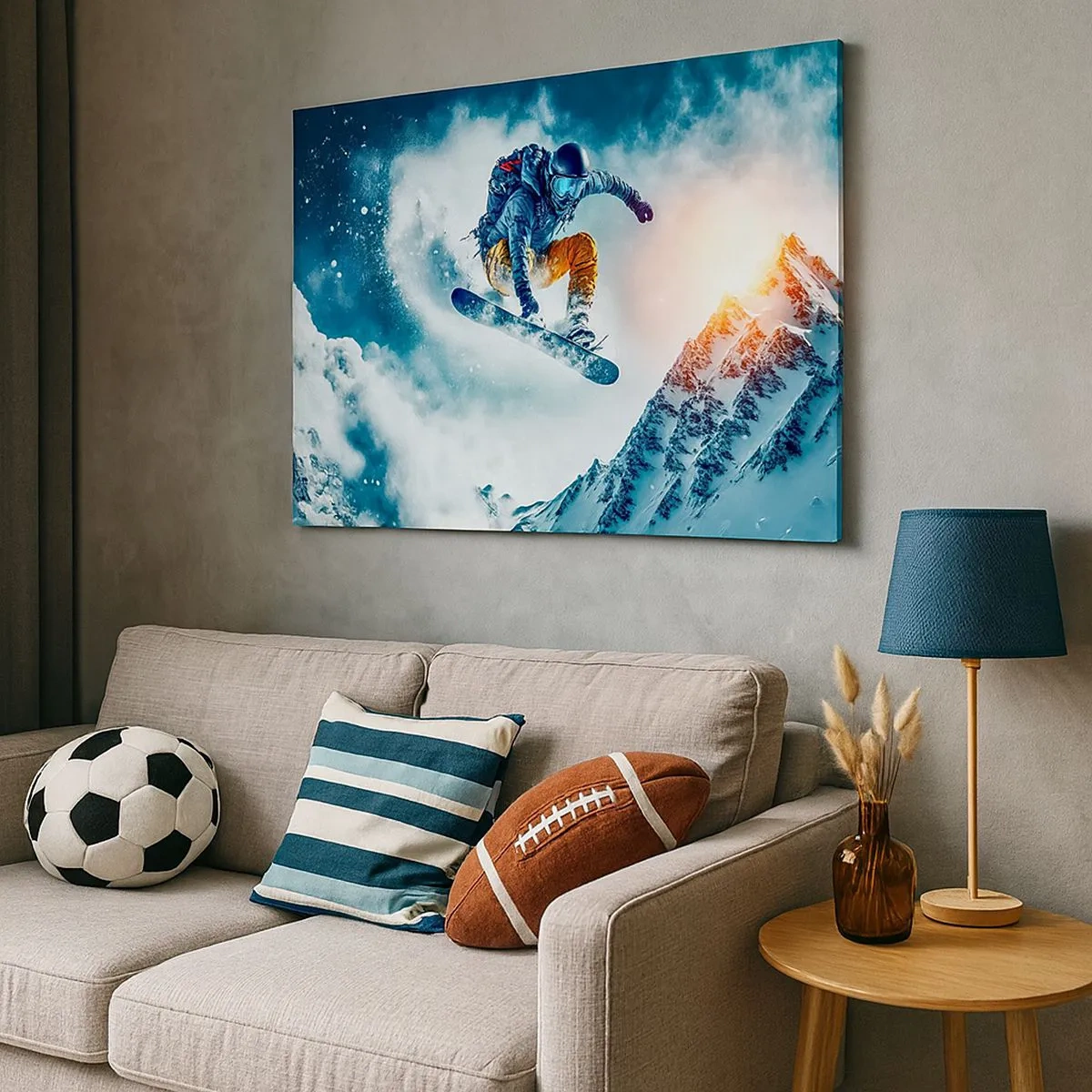 Schilderen op canvas - Een snowboarder vliegt over besneeuwde bergen - 70x50cm - Extreme emoties - Moderne wanddecoratie voor woonkamer en slaapkamer ARTTOR