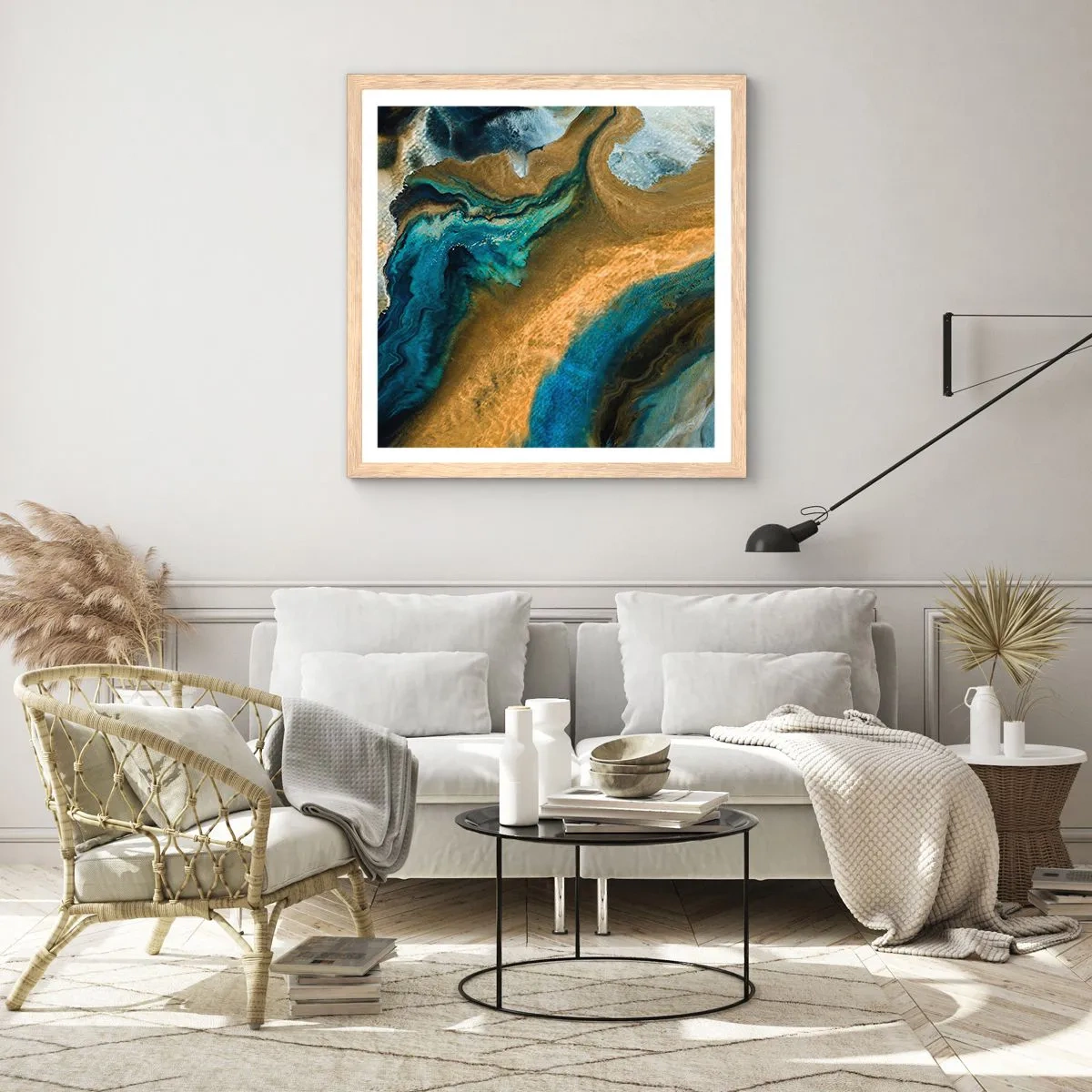 Een poster in een licht eiken lijst - Blauw - geel - wederzijdse invloeden - 30x30 cm