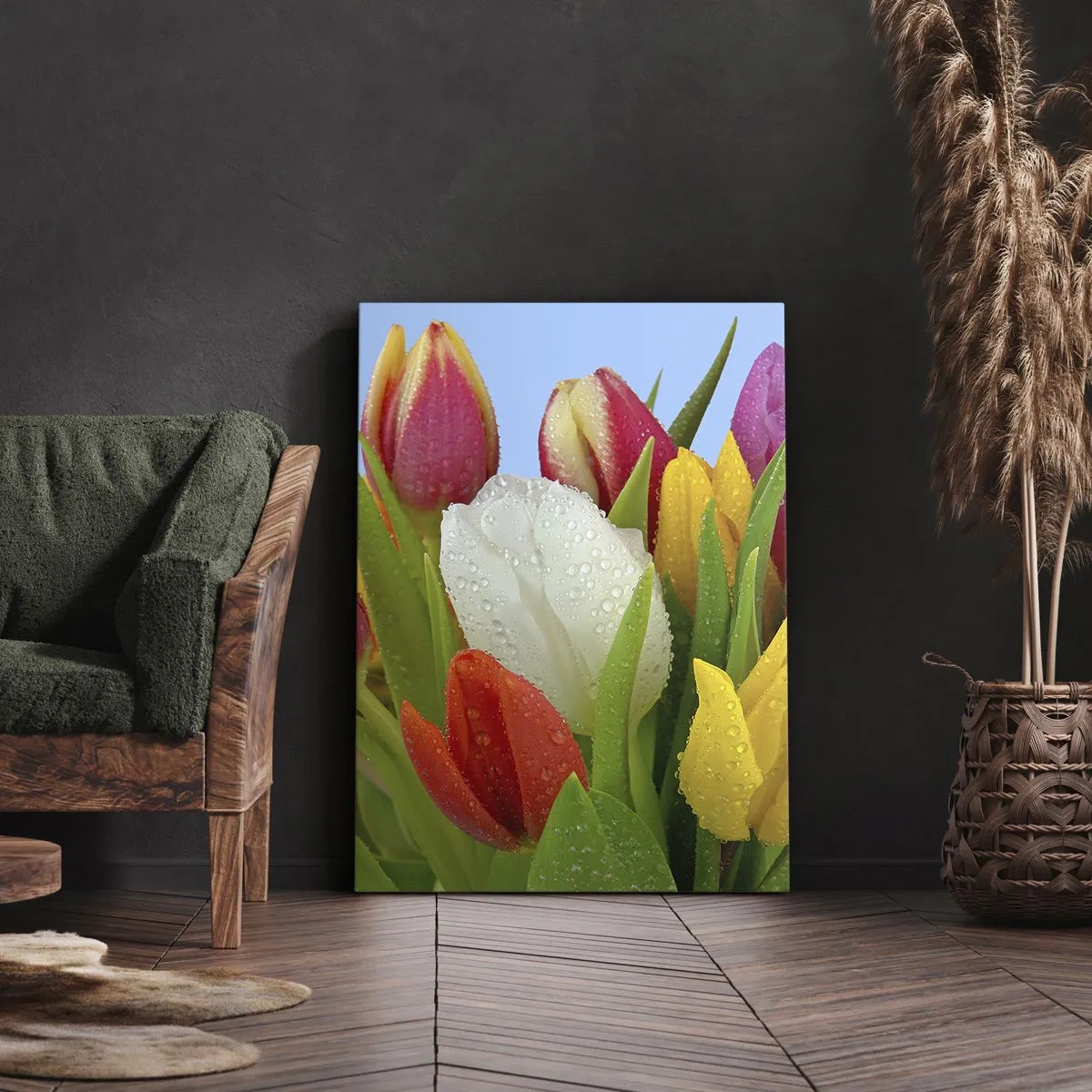 Schilderen op canvas - Een bloemenregenboog in dauwdruppels - 45x80 cm