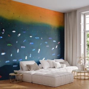 Fotobehang Premium Canvas - Vakantie spel - Boten, Strand, Kust - 300x210 cm