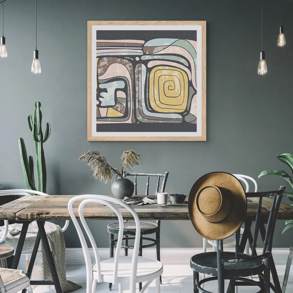 Een poster in een licht eiken lijst - Abstractie in de precolumbiaanse geest - 60x60 cm