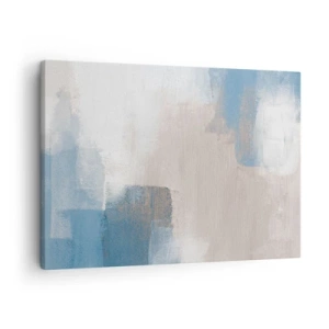 Schilderen op canvas - Abstracte vormen in tinten blauw en beige - 70x50cm - Roze abstractie achter een blauw gordijn - Moderne wanddecoratie voor woonkamer en slaapkamer ARTTOR