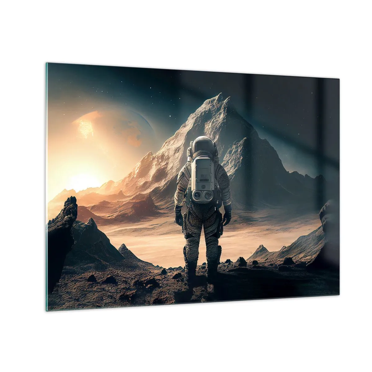Schilderen op glas - Astronaut op een buitenaardse planeet met een bergachtig landschap - 70x50cm - Nieuwe uitdaging - Moderne wanddecoratie voor woonkamer en slaapkamer ARTTOR