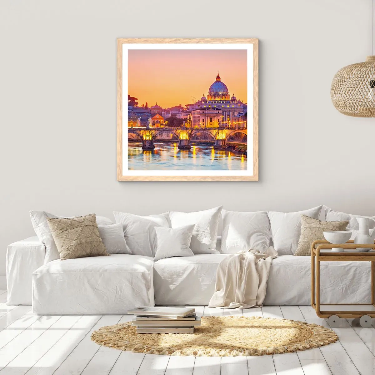Een poster in een licht eiken lijst - Zonsondergang boven de Eeuwige Stad - 50x50 cm