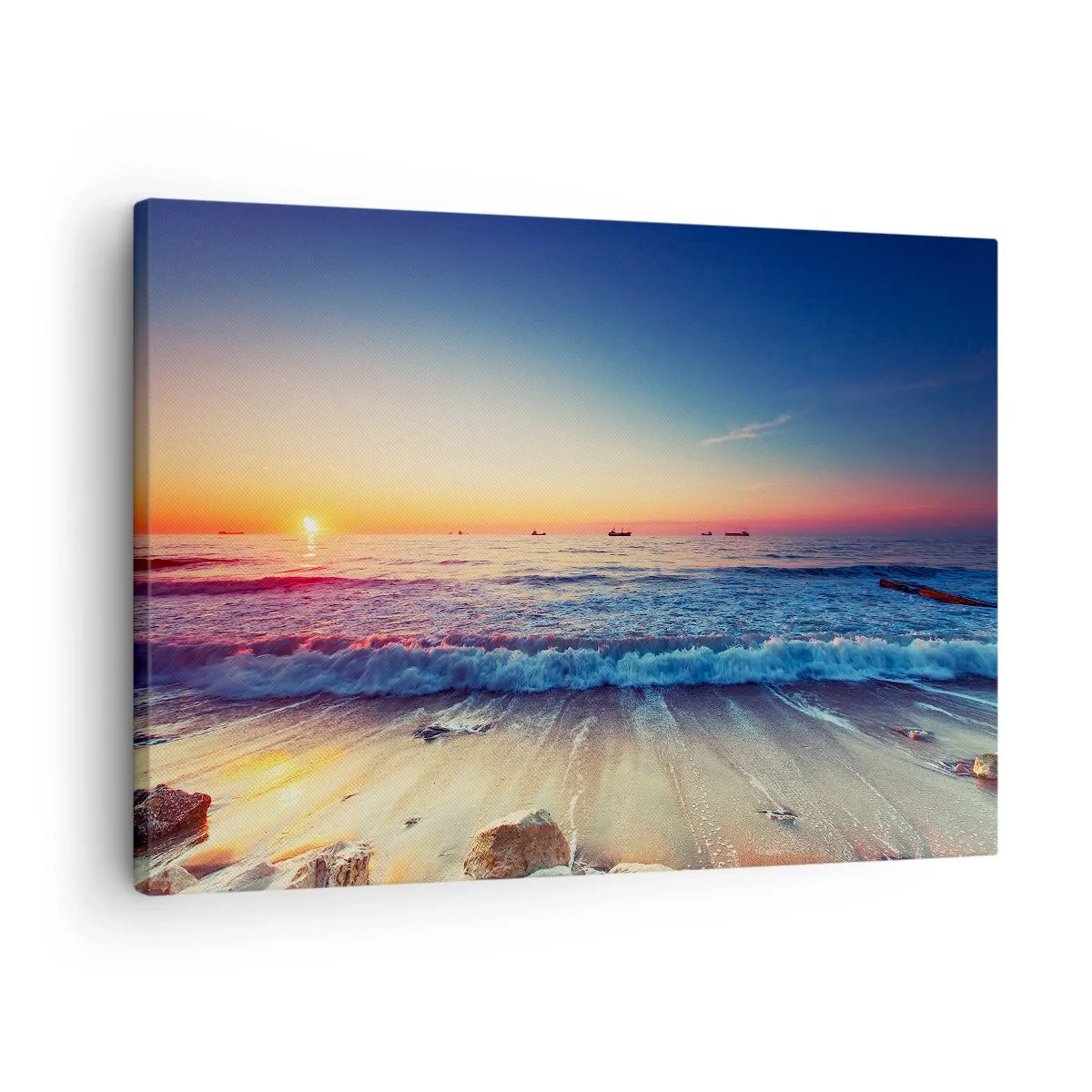 Schilderen op canvas - Zonsondergang boven een kalme zee met golven - 70x50cm - Hoe zit het met de horizon? - Moderne wanddecoratie voor woonkamer en slaapkamer ARTTOR