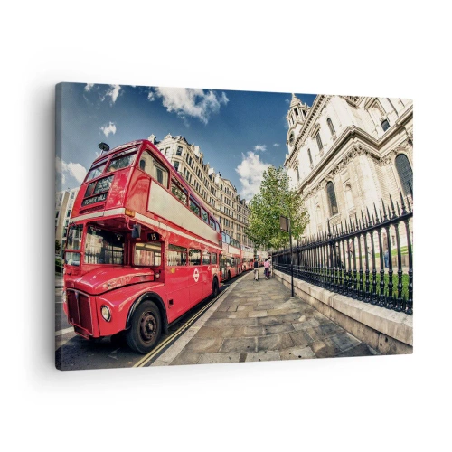 Schilderen op canvas - Rode dubbeldekkerbus in Londen vlakbij de straat en de kathedraal - 70x50cm - Londense straat in grijs en rood - Moderne wanddecoratie voor woonkamer en slaapkamer ARTTOR