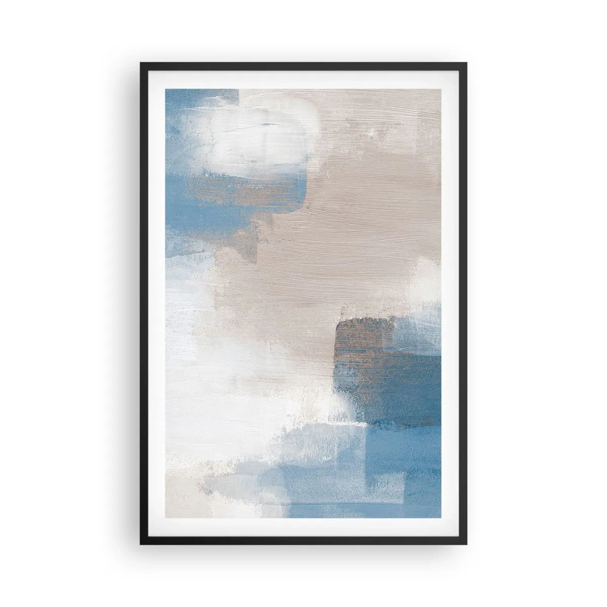 Poster in een zwarte lijst - Roze abstractie achter een blauw gordijn - 61x91 cm
