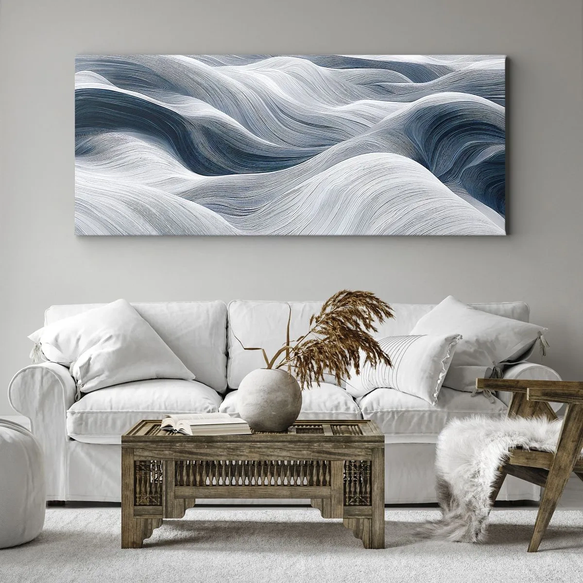 Schilderen op canvas - Witte en blauwe golven - 160x50 cm