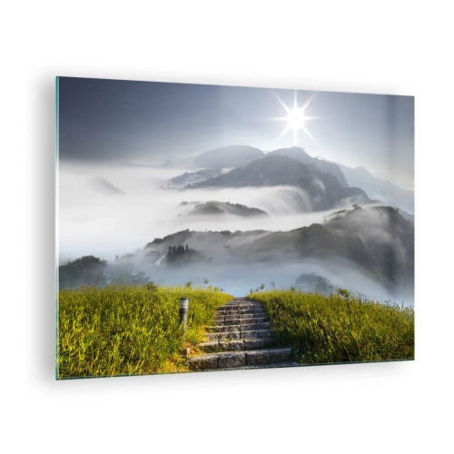 Schilderen op glas - Berglandschap met mist en trappen die naar de top leiden - 70x50cm - Nog steeds tot in de wolken - Moderne wanddecoratie voor woonkamer en slaapkamer ARTTOR
