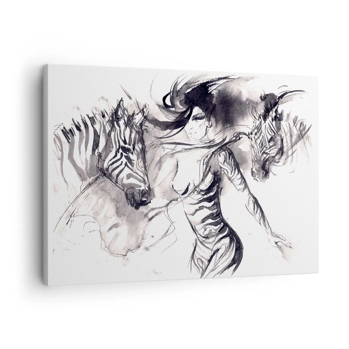 Schilderen op canvas - Een vrouw in een dynamische dans met zebra's in een zwart-witte esthetiek - 70x50cm - Dansend met de zebra's - Moderne wanddecoratie voor woonkamer en slaapkamer ARTTOR