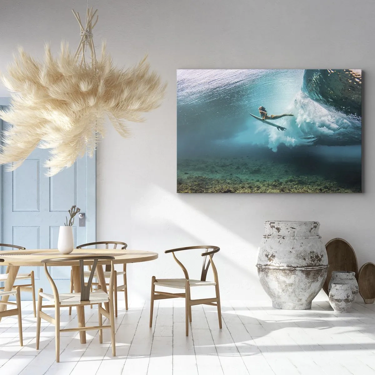 Schilderen op canvas - Surfer onder een golf in het blauwe oceaanwater - 70x50cm - Onderwaterwereld - Moderne wanddecoratie voor woonkamer en slaapkamer ARTTOR
