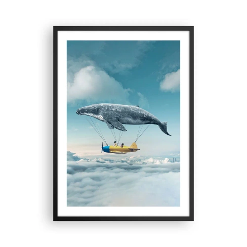 Poster in een zwarte lijst - Een fantastisch beeld van een walvis die een vliegtuig boven de wolken tilt. - 50x70cm - Waarom niet? - Moderne wanddecoratie voor woonkamer en slaapkamer ARTTOR