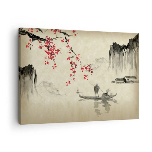 Schilderen op canvas - Oosterse illustratie met een boot en een bloeiende tak - 70x50cm - In het land van de bloeiende kersenbomen - Moderne wanddecoratie voor woonkamer en slaapkamer ARTTOR