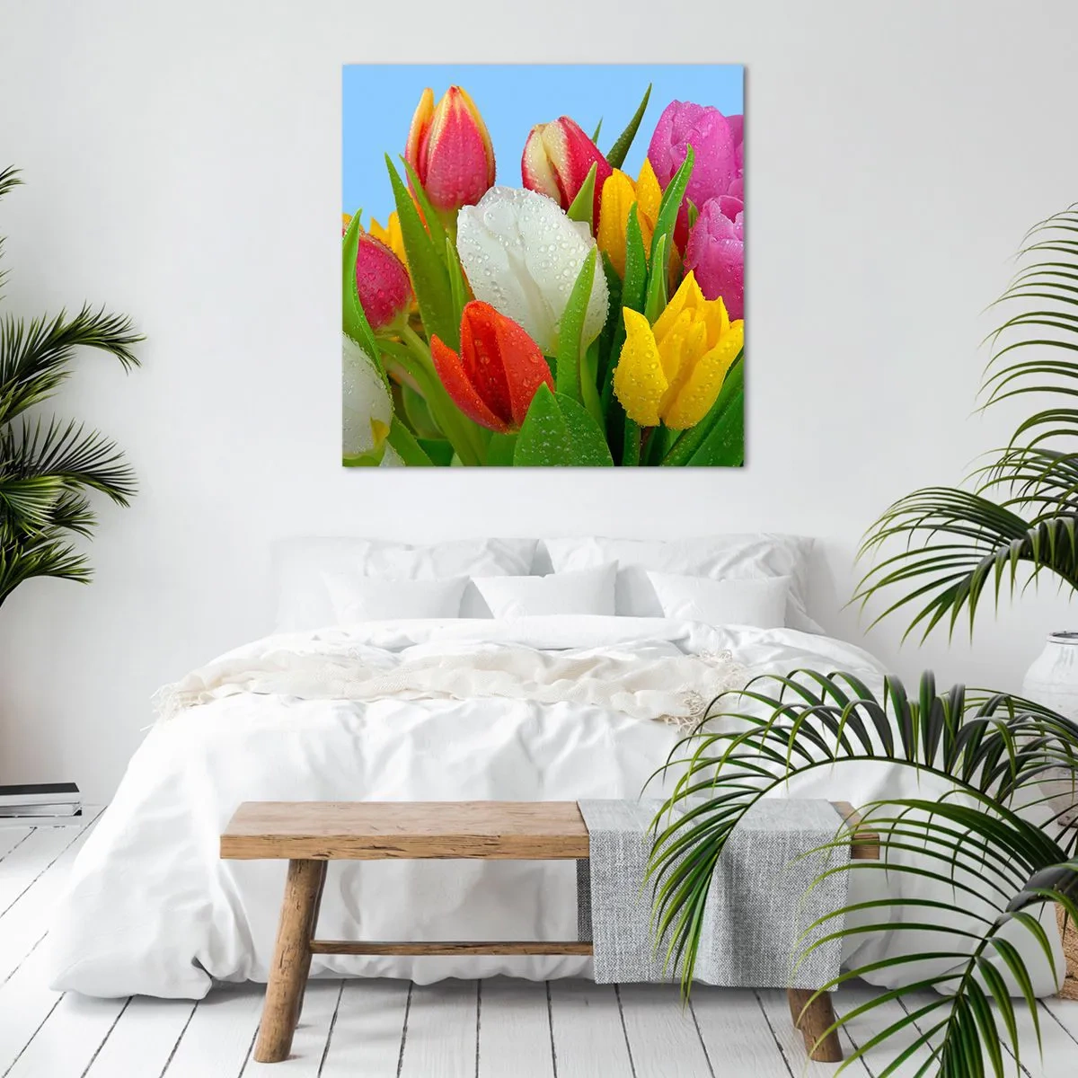 Schilderen op canvas - Een bloemenregenboog in dauwdruppels - 30x30 cm