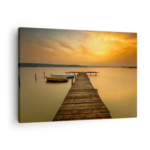 Schilderen op canvas - Houten steiger en boten op het meer bij zonsondergang - 70x50cm - Ik zal de gouden hemel voor je openen - Moderne wanddecoratie voor woonkamer en slaapkamer ARTTOR