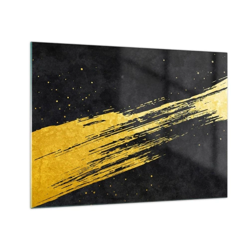Schilderen op glas - Een gouden penseel op een zwarte achtergrond in een dynamische, abstracte vorm - 70x50cm - Spring in hyperruimte - Moderne wanddecoratie voor woonkamer en slaapkamer ARTTOR
