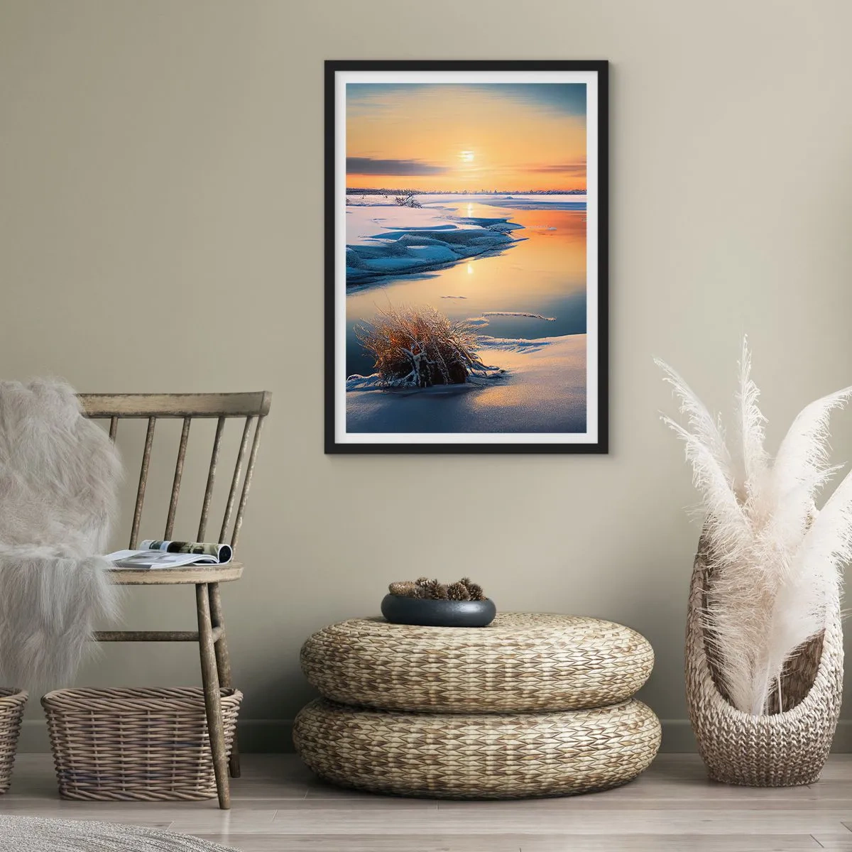 Poster in een zwarte lijst - Winterse zonsondergang - 70x100 cm