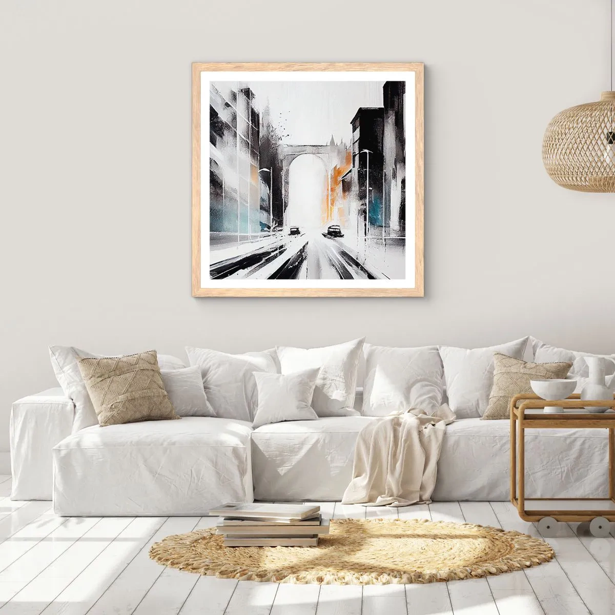 Een poster in een licht eiken lijst - Stadsstudie: architectuur en beweging - 60x60 cm