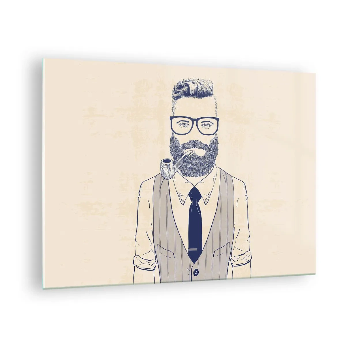 Schilderen op glas - Een gestileerde man met een baard, een bril en een pijp op een lichte achtergrond. - 70x50cm - Vrolijk, mannelijk en modieus - Moderne wanddecoratie voor woonkamer en slaapkamer ARTTOR