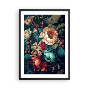 Poster in een zwarte lijst - Een boeket bloemen in barokstijl op een donkere achtergrond - 50x70cm - 19e-eeuwse charme - Moderne wanddecoratie voor woonkamer en slaapkamer ARTTOR