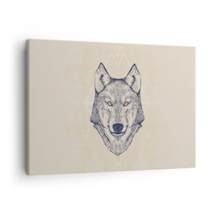 Schilderen op canvas - Een geometrische wolf op een lichte achtergrond met minimalistische patronen. - 70x50cm - Een alfa met een indringende blik - Moderne wanddecoratie voor woonkamer en slaapkamer ARTTOR