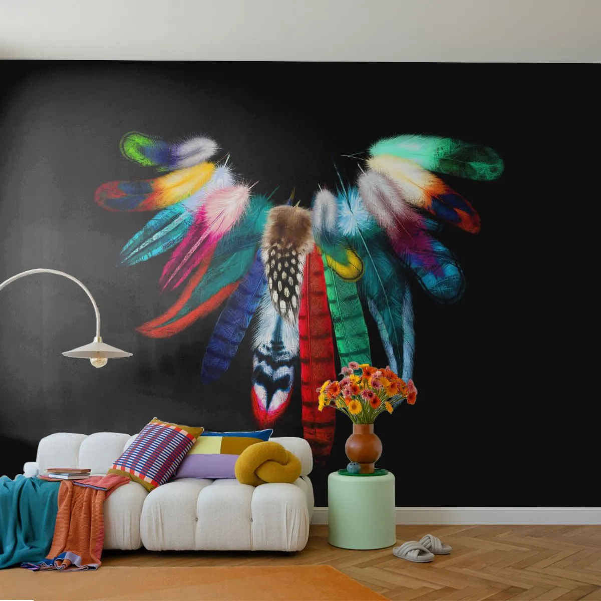 Fotobehang Premium Canvas - Indiase ketting - Vogelveer, Boho, Grafisch - 250x175 cm