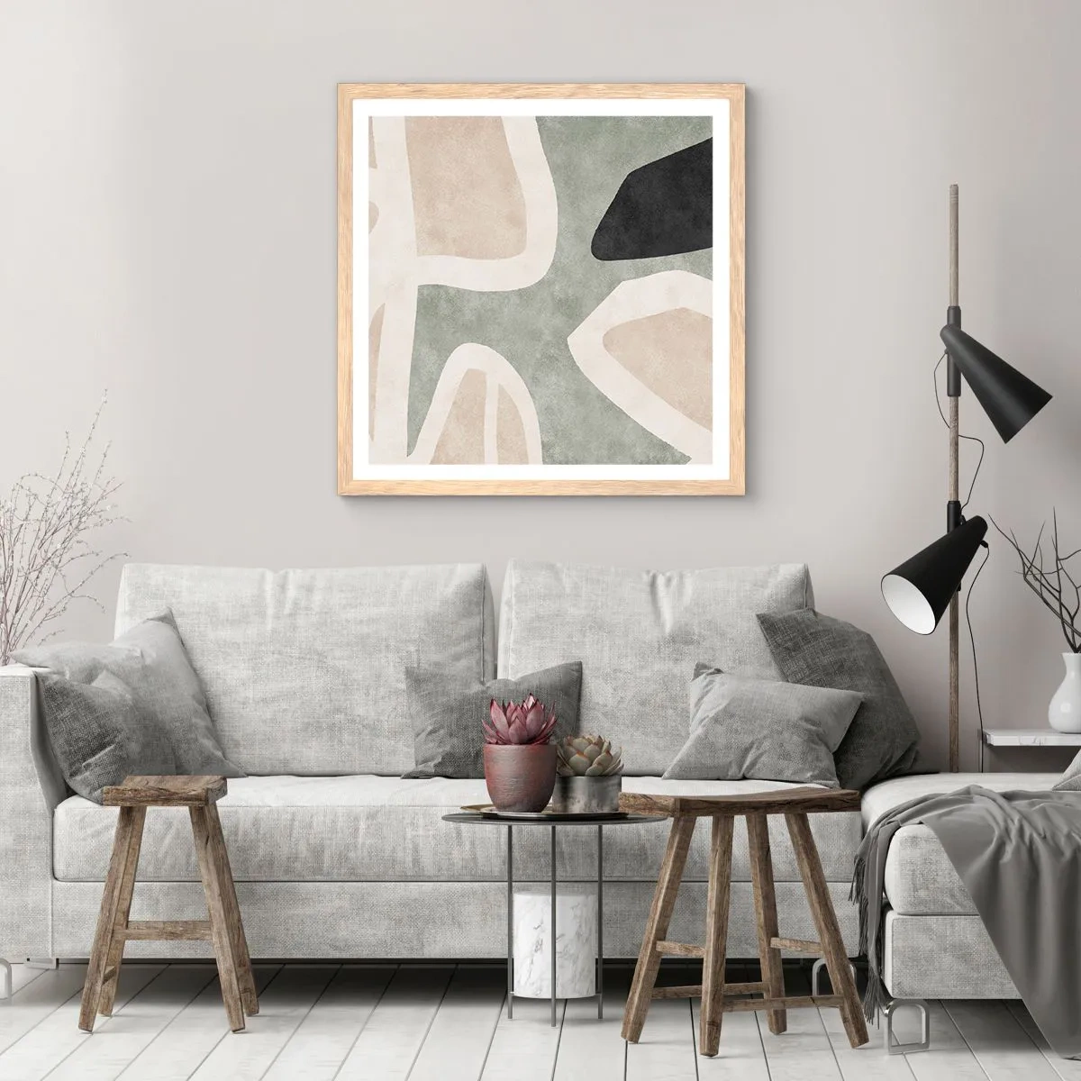 Een poster in een licht eiken lijst - Compositie met een zwart motief - 60x60 cm