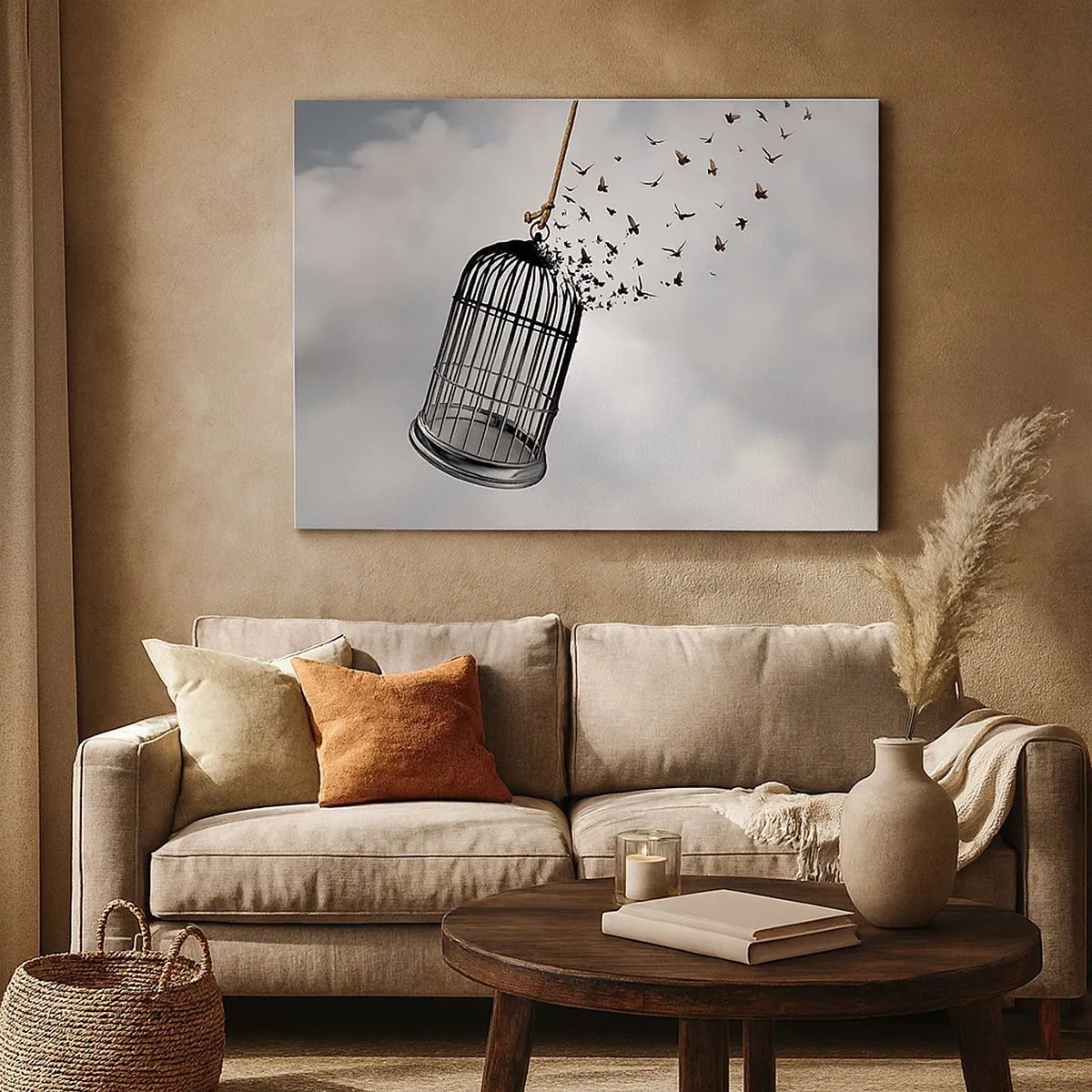 Schilderen op canvas - Vogels vliegen uit een kooi tegen de lucht - 70x50cm - Geloof ... Hoop ... Vrijheid! - Moderne wanddecoratie voor woonkamer en slaapkamer ARTTOR