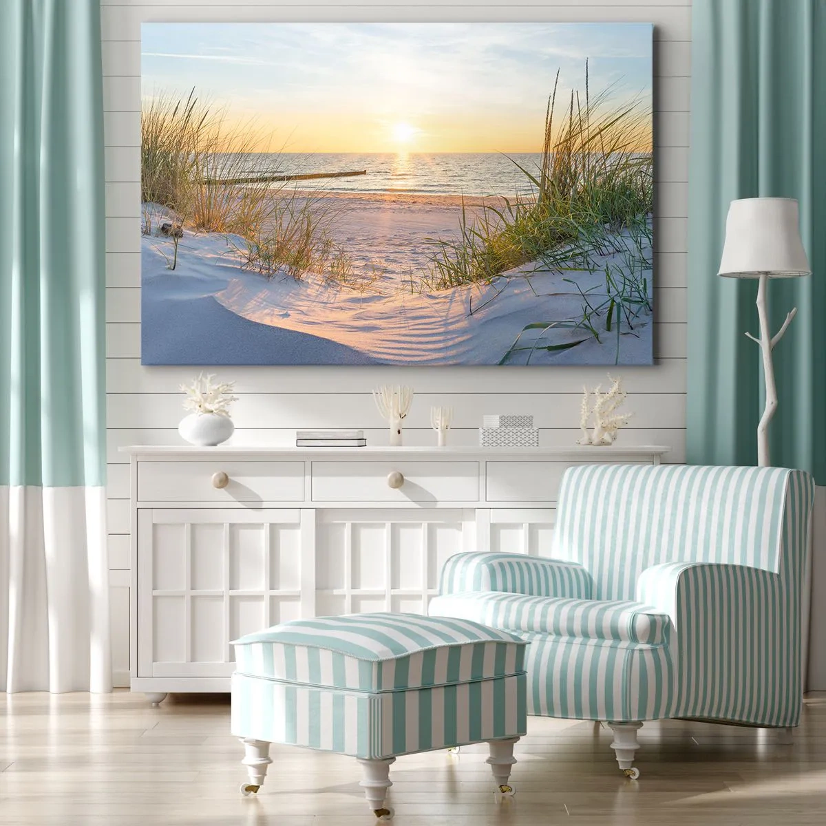 Schilderen op canvas - Het geluid van de zee, het zingen van vogels, een wild strand tussen het gras... - 100x70 cm