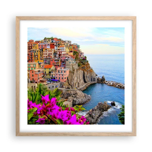 Een poster in een licht eiken lijst - Lachende stad - 50x50 cm