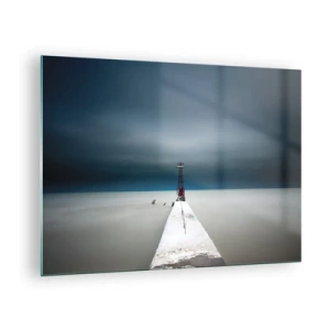 Schilderen op glas - Een minimalistische pier die naar de vuurtoren leidt tegen de achtergrond van zee en lucht - 70x50cm - Om de uitgestrektheid te ontmoeten - Moderne wanddecoratie voor woonkamer en slaapkamer ARTTOR