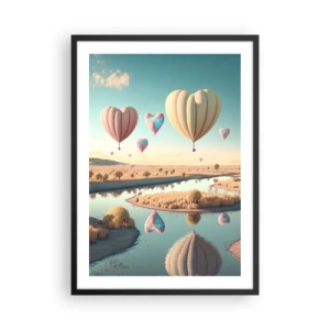 Poster in een zwarte lijst - Hartvormige ballonnen zweven over het landschap - 50x70cm - Liefde laat je vliegen - Moderne wanddecoratie voor woonkamer en slaapkamer ARTTOR