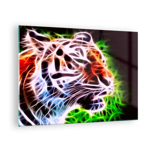 Schilderen op glas - Een tijger in neon, lichtgevende kleuren - 70x50cm - Vreselijke uitstraling - Moderne wanddecoratie voor woonkamer en slaapkamer ARTTOR