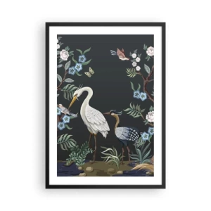 Poster in een zwarte lijst - Illustratie van vogels tussen bloemen op een donkere achtergrond - 50x70cm - Vogelparade - Moderne wanddecoratie voor woonkamer en slaapkamer ARTTOR